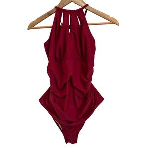 Womens One Piece Swimsuit Red Halter Ruched Tummy Control‎ L